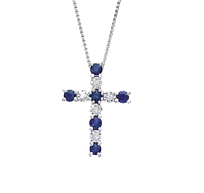 Pendente Croce con Zaffiri Blu e Diamanti in Oro Bianco 18ct - P140
