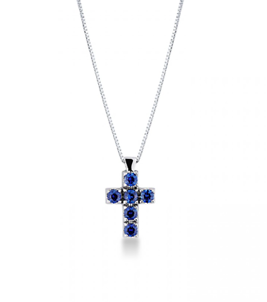 Pendente Croce con Zaffiri Blu in Oro Bianco 18ct - P150